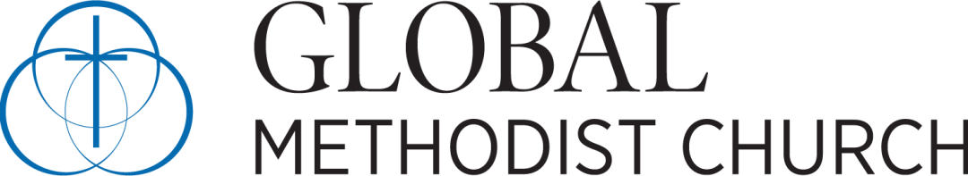 Global Methodist Church horizontal logo with blue cross and interlocking circles