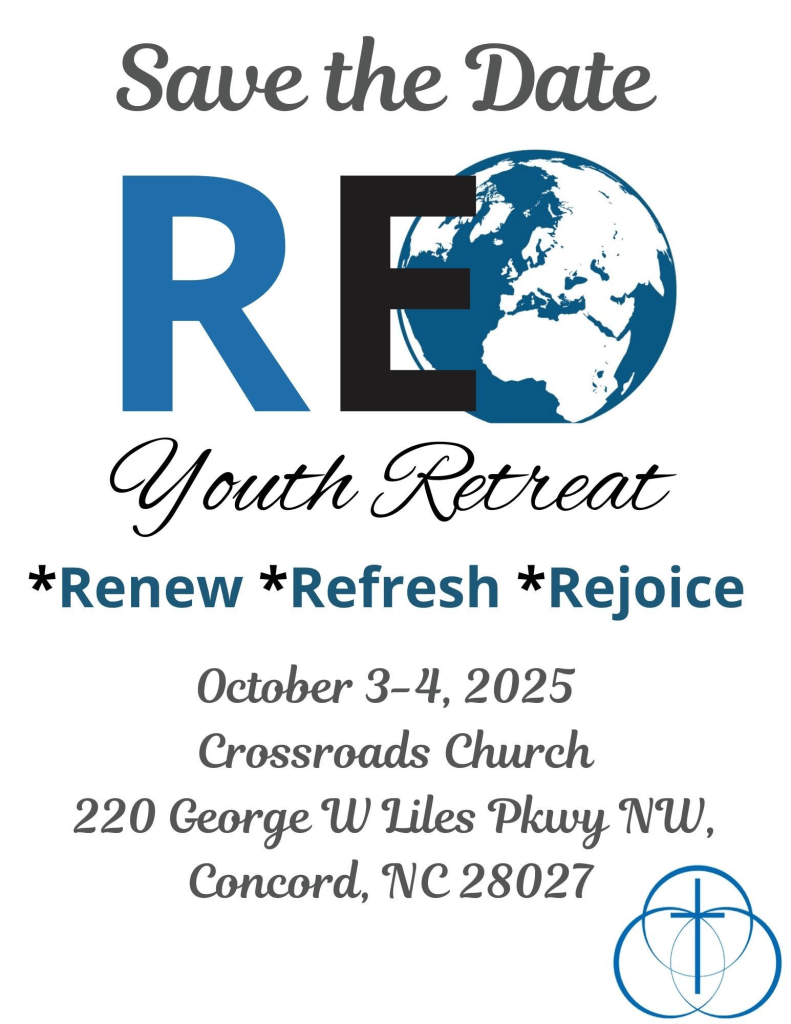Save the Date flyer for 2025 Youth Retreat themed "Renew, Refresh, Rejoice" at Crossroads Church in Concord, NC